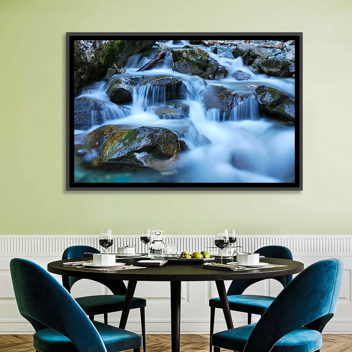 Mossy Rock Stream with Silky Waterfall Wall Art in a room, landscape