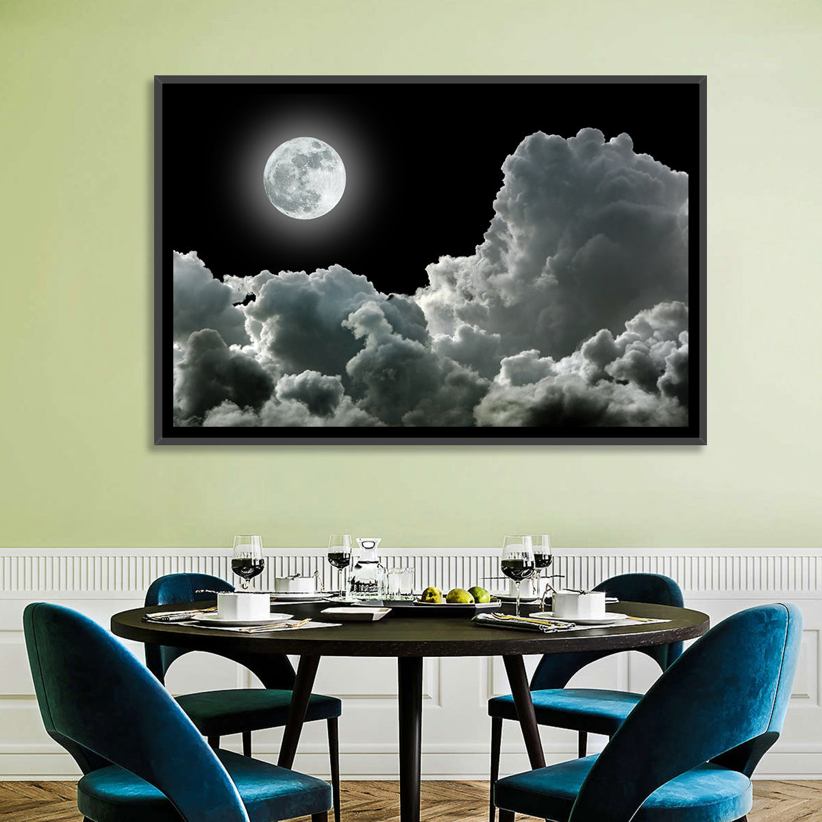 Cloudy Moonlight Wall Art in a room, landscape