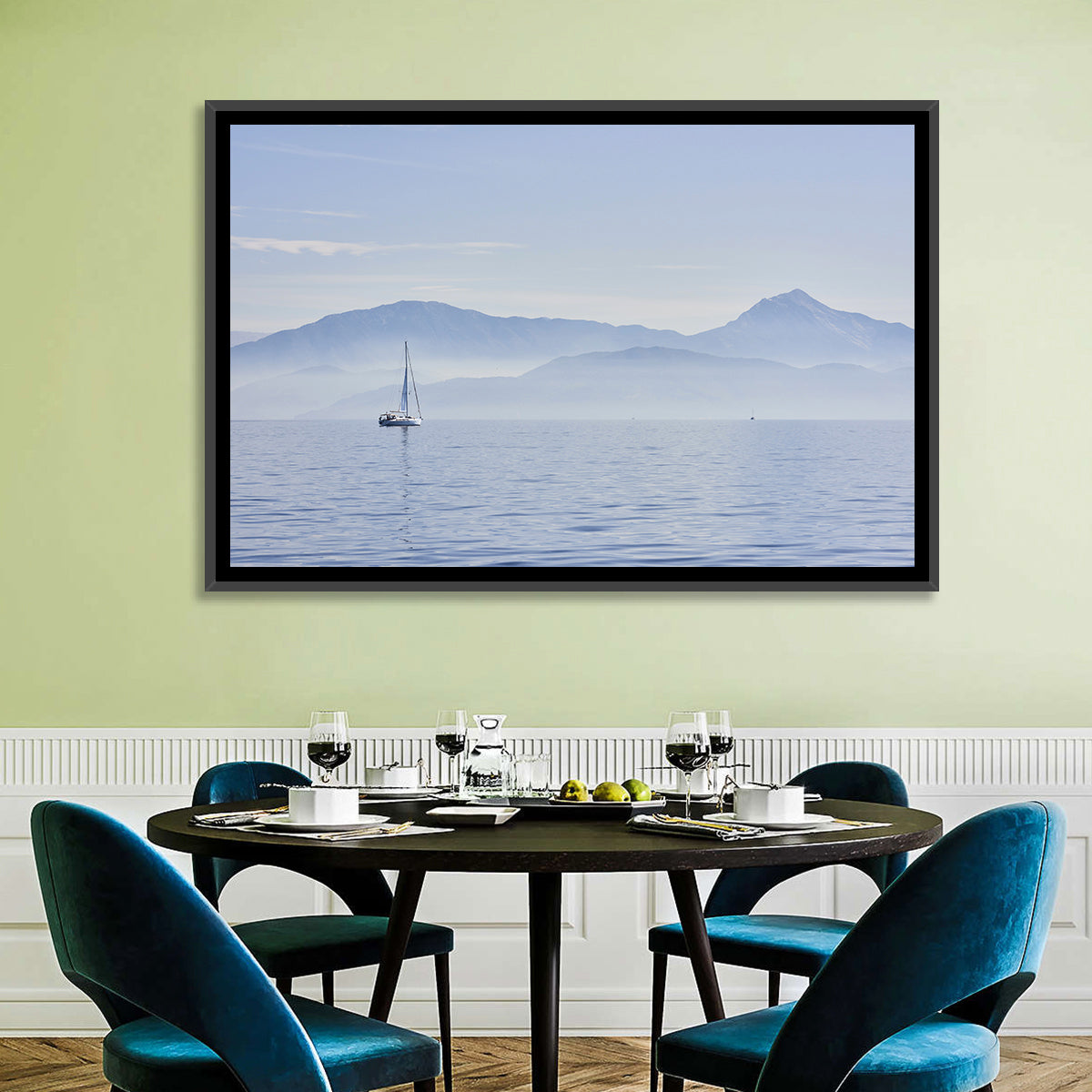 Sailboat and Misty Mountains Wall Art in a room, landscape
