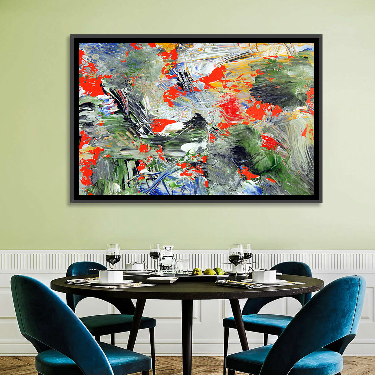 Melting Green Impasto Abstract Wall Art in a room, landscape