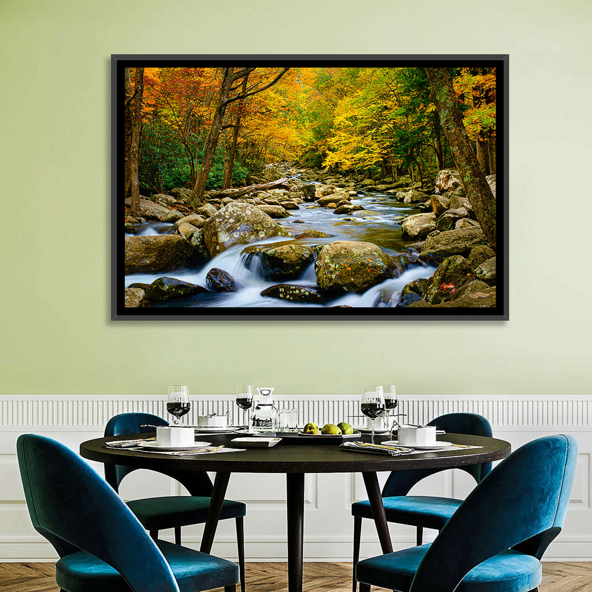 Autumn Stream Through Forest Wall Art in a room, landscape