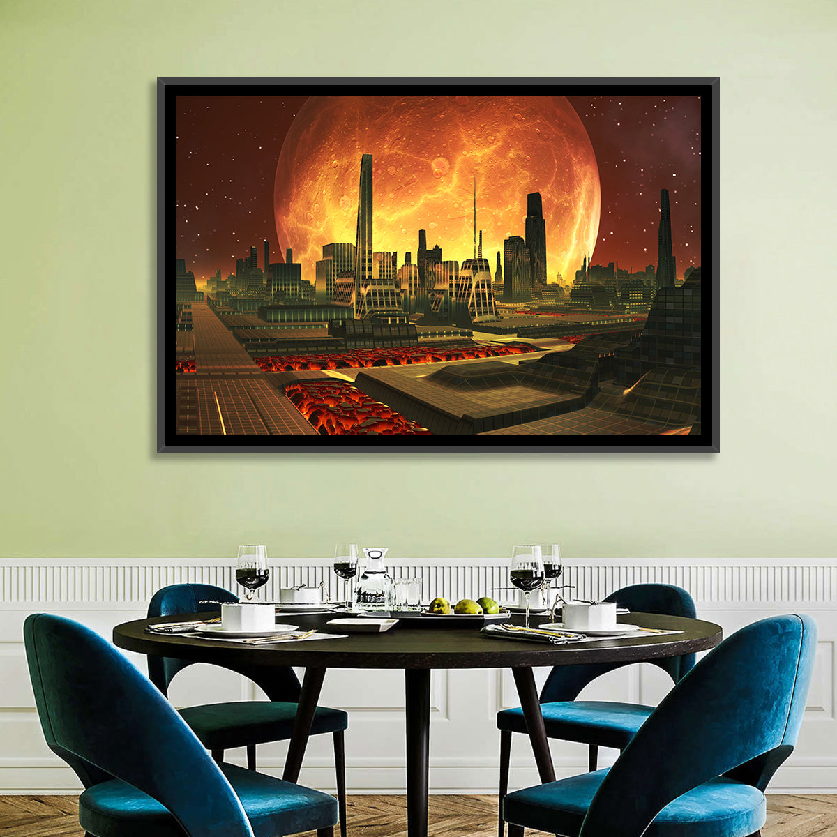 Molten Lunar Cityscape Wall Art in a room, landscape
