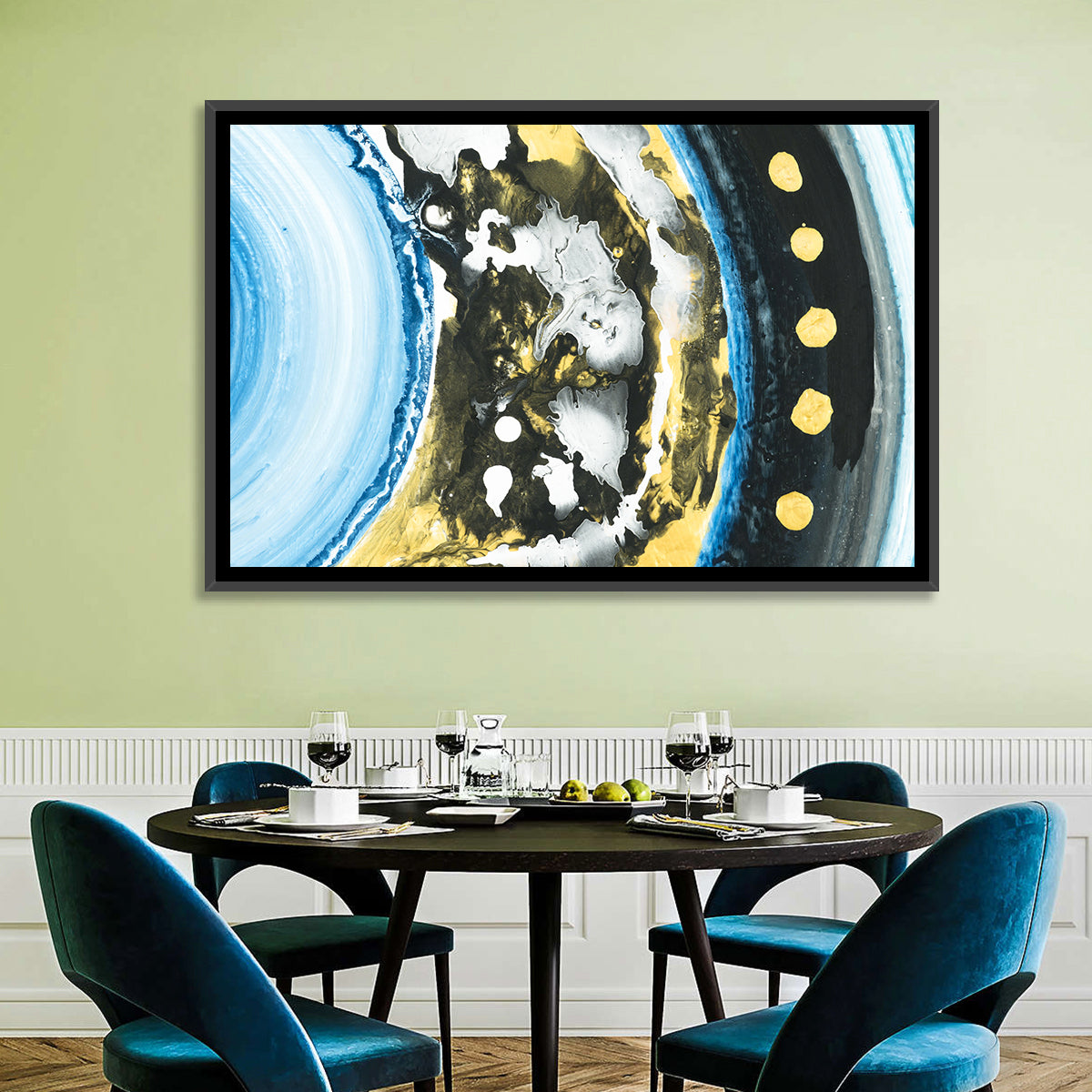 Planet Rings in Blue and Gold Wall Art in a room, landscape