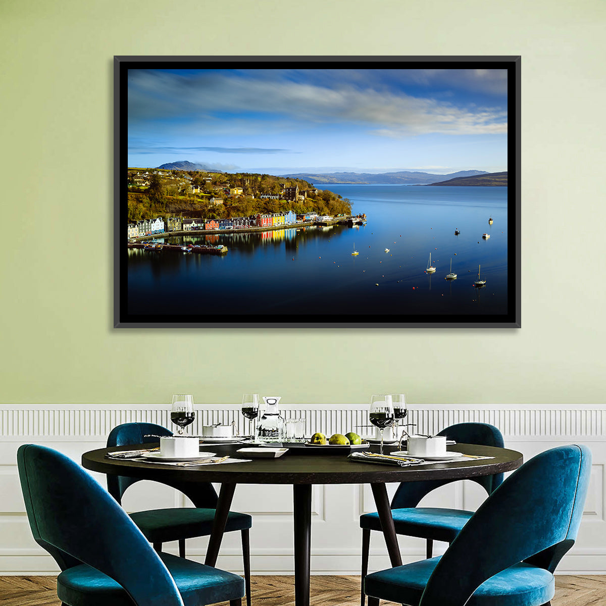 Portree Harbour Colorful Houses Wall Art in a room, landscape