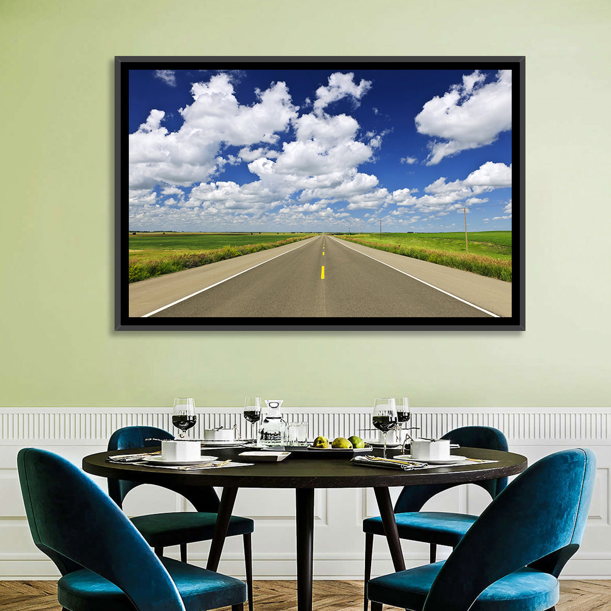 Saskatchewan Prairie Highway Wall Art in a room, landscape
