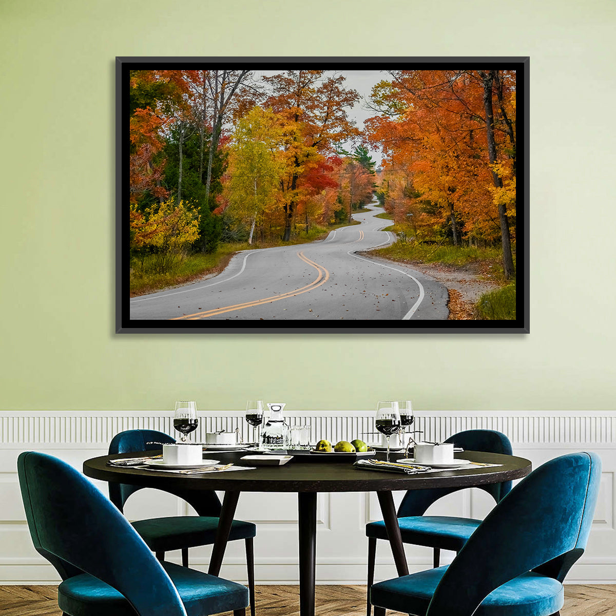 Winding Autumn Highway Wall Art in a room, landscape
