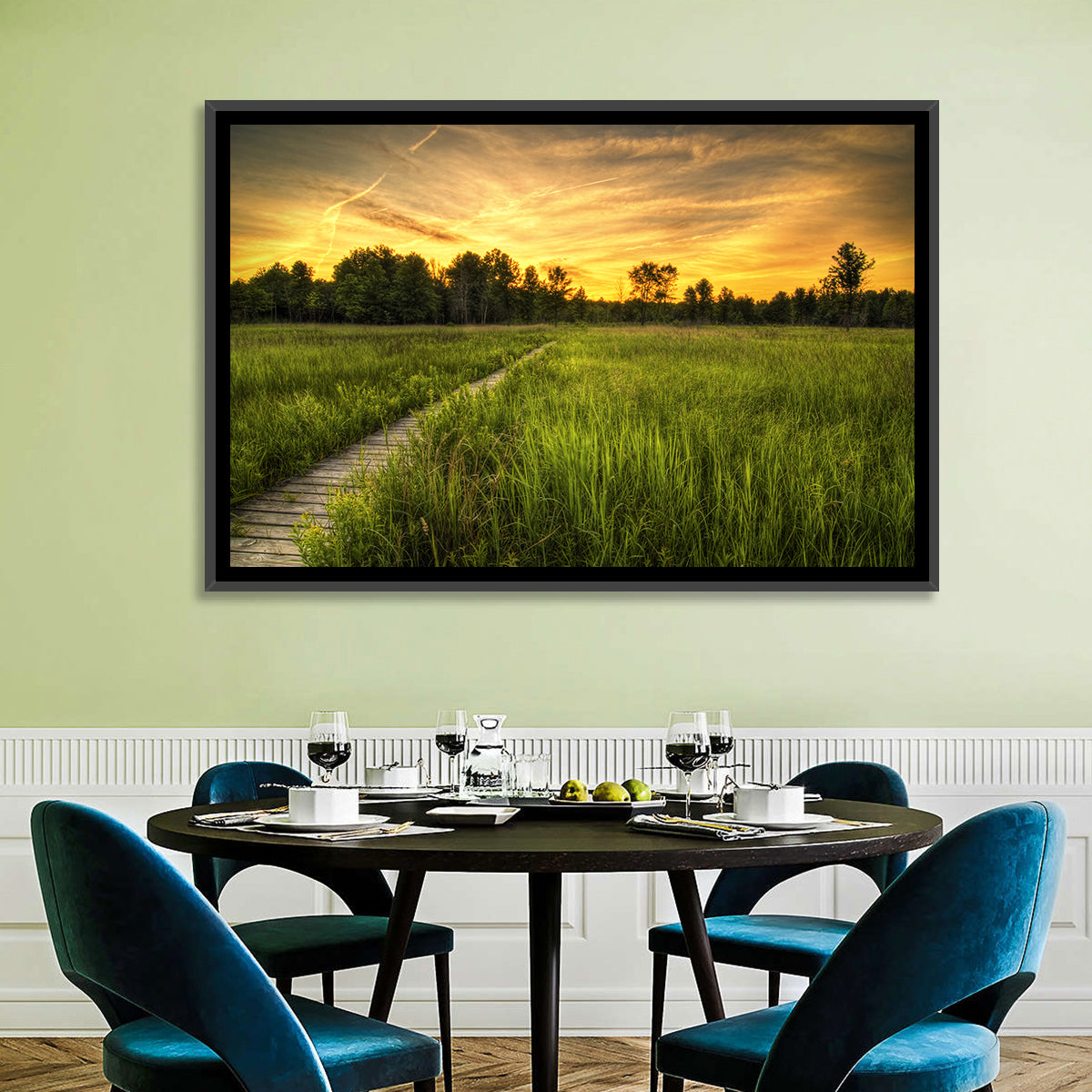 Irwin Prairie Boardwalk Sunset Wall Art in a room, landscape