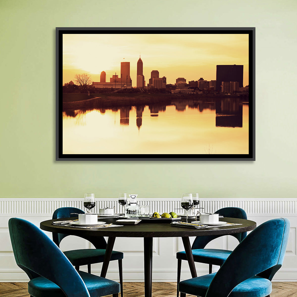 Indianapolis Golden Hour Skyline Wall Art in a room, landscape