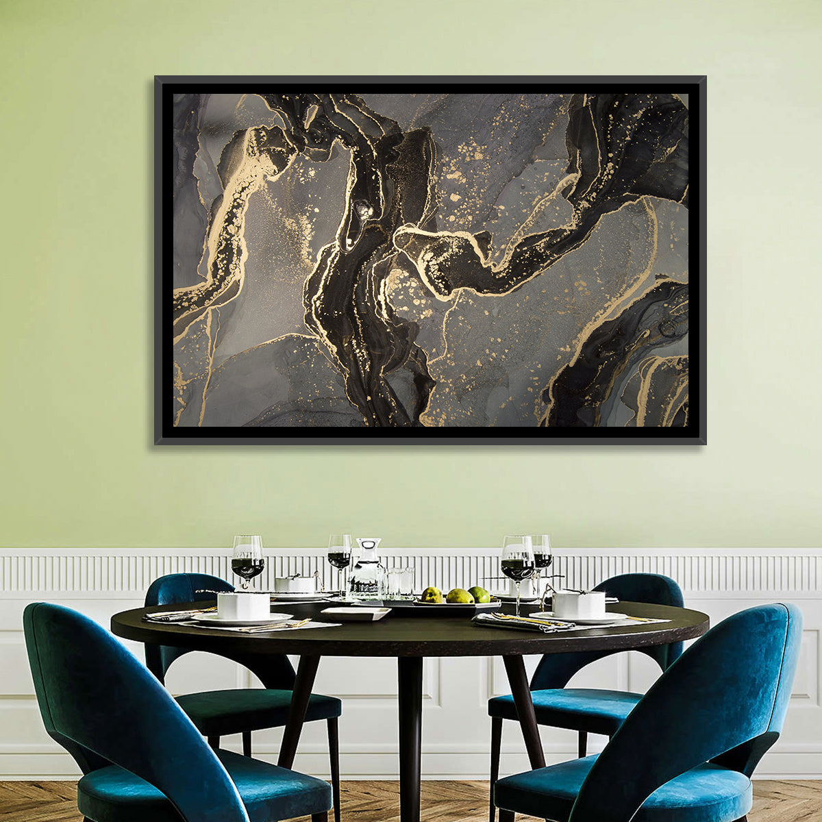 Black and Gold Marbled Abstract Wall Art in a room, landscape