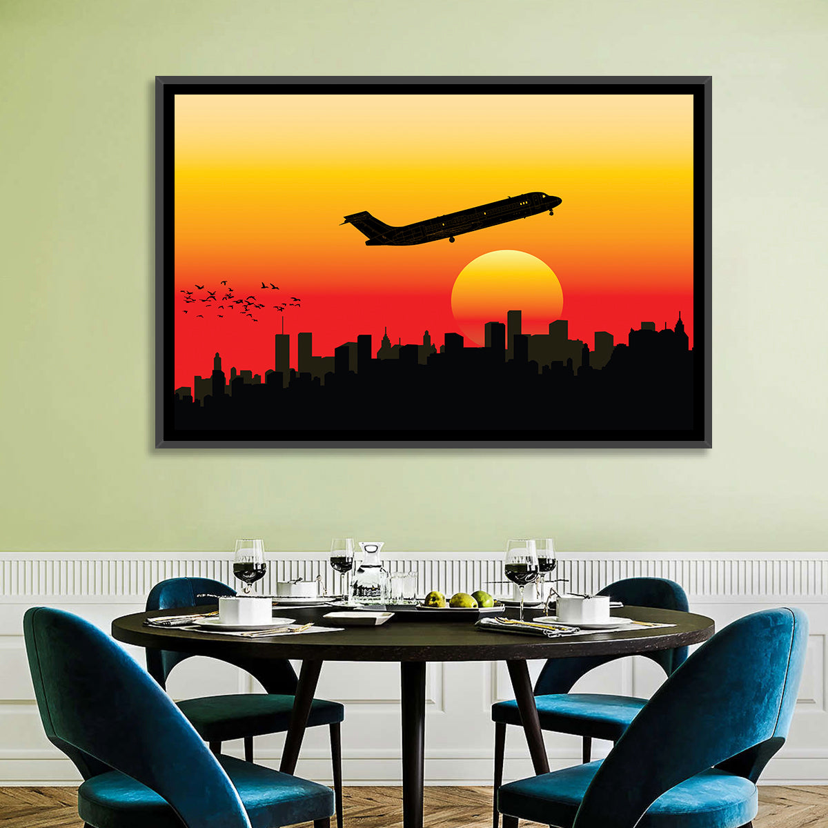 Airplane Over Sunset Skyline Wall Art