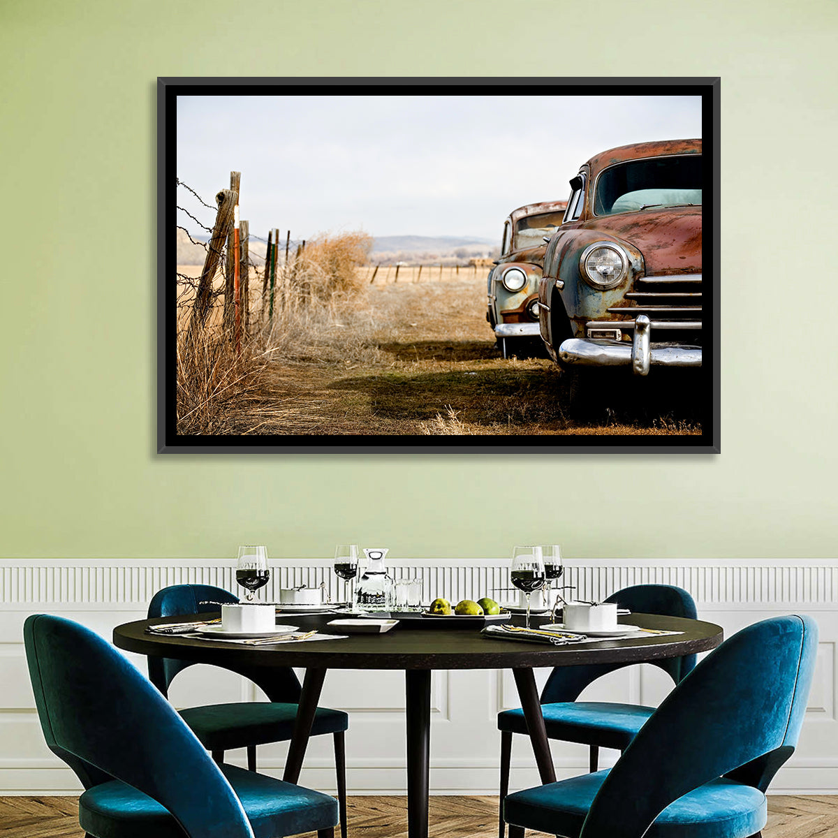 Abandoned Rusty Vintage Cars Behind Barbed Wire Wall Art