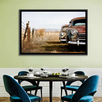 Abandoned Rusty Vintage Cars Behind Barbed Wire Wall Art