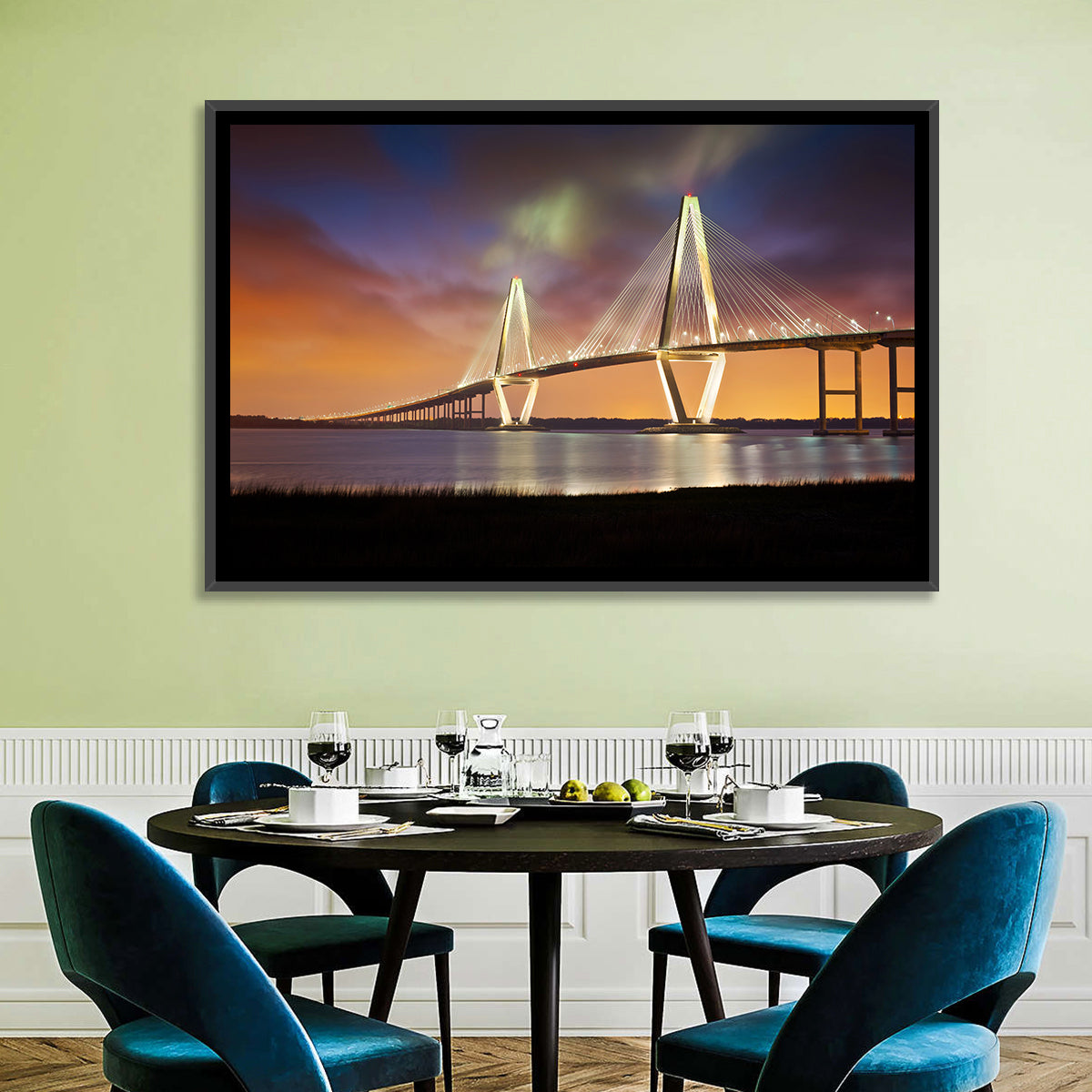 Arthur Ravenel Jr. Bridge at Dusk Wall Art in a room, landscape