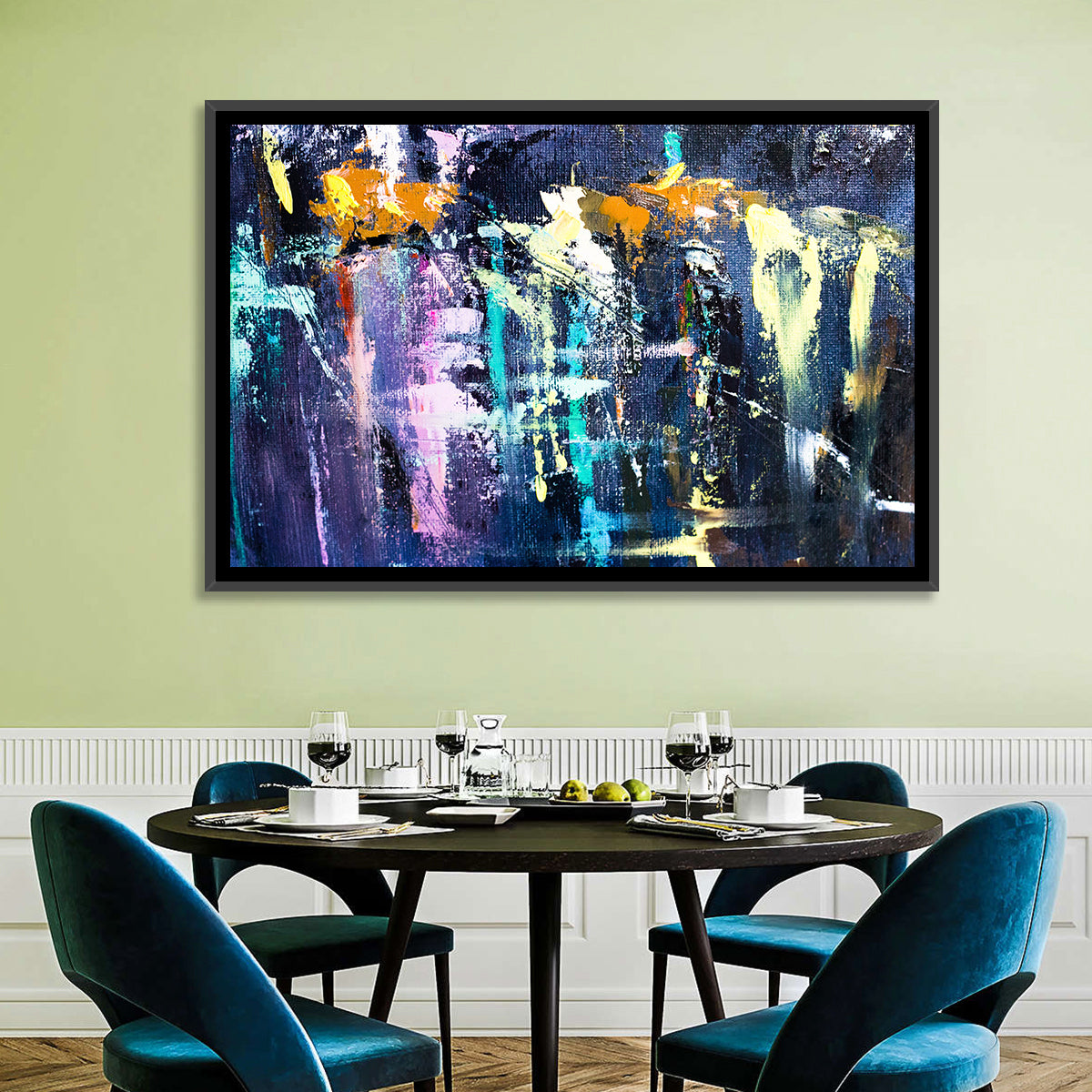 Impasto Waterfall in Blue and Purple Wall Art in a room, landscape