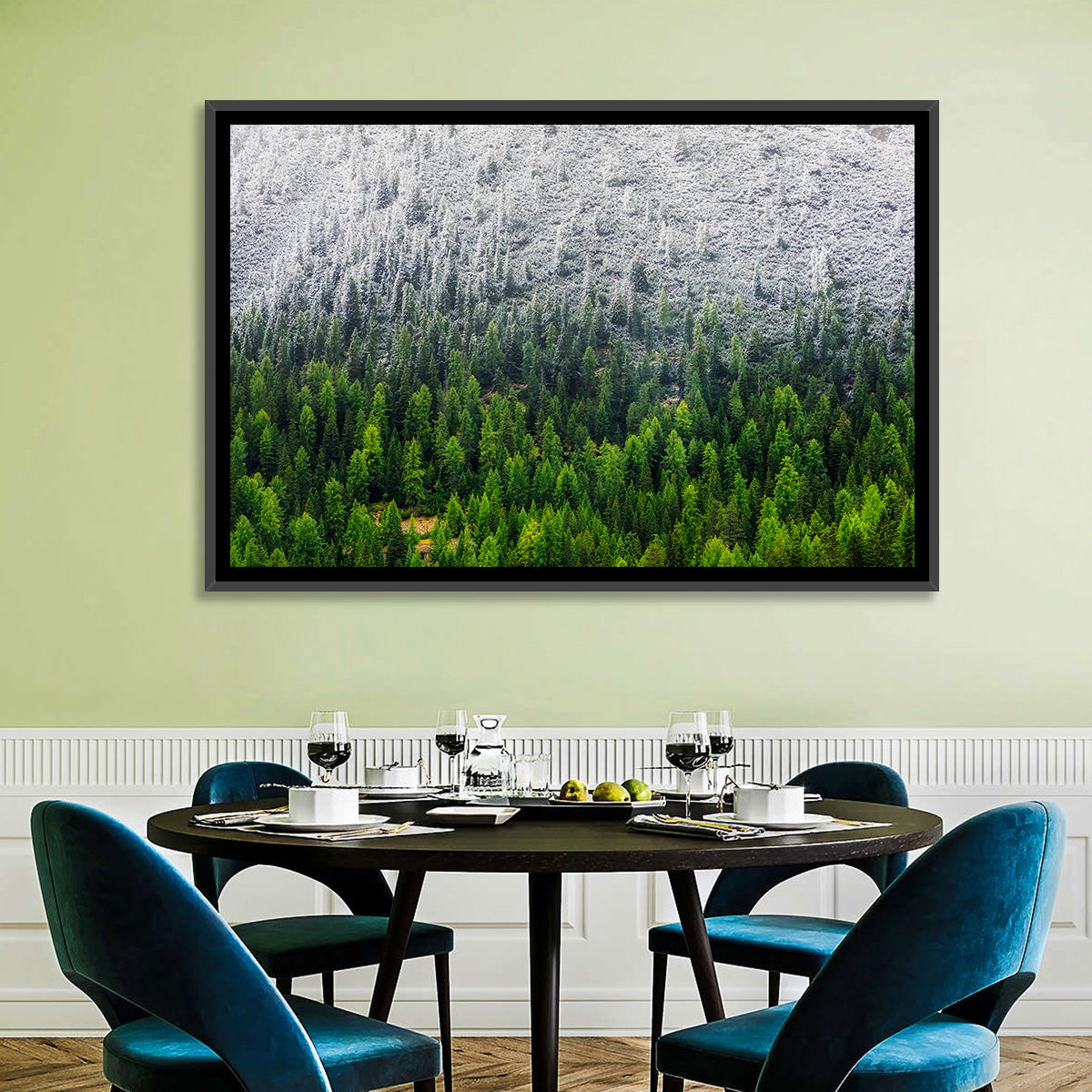 Snowy Dolomites Forest Wall Art in a room, landscape