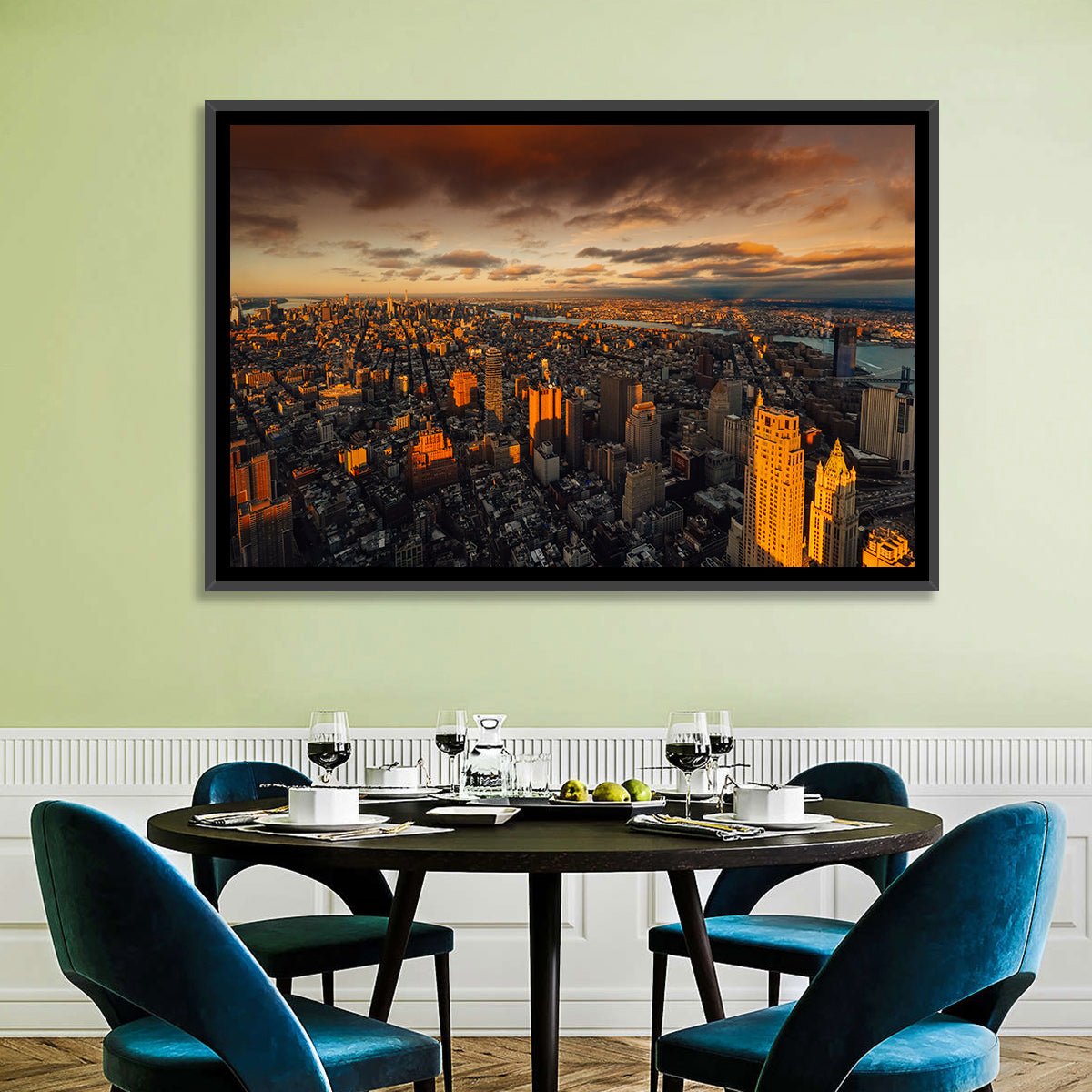 South Manhattan Sunset Skyline Wall Art in a room, landscape