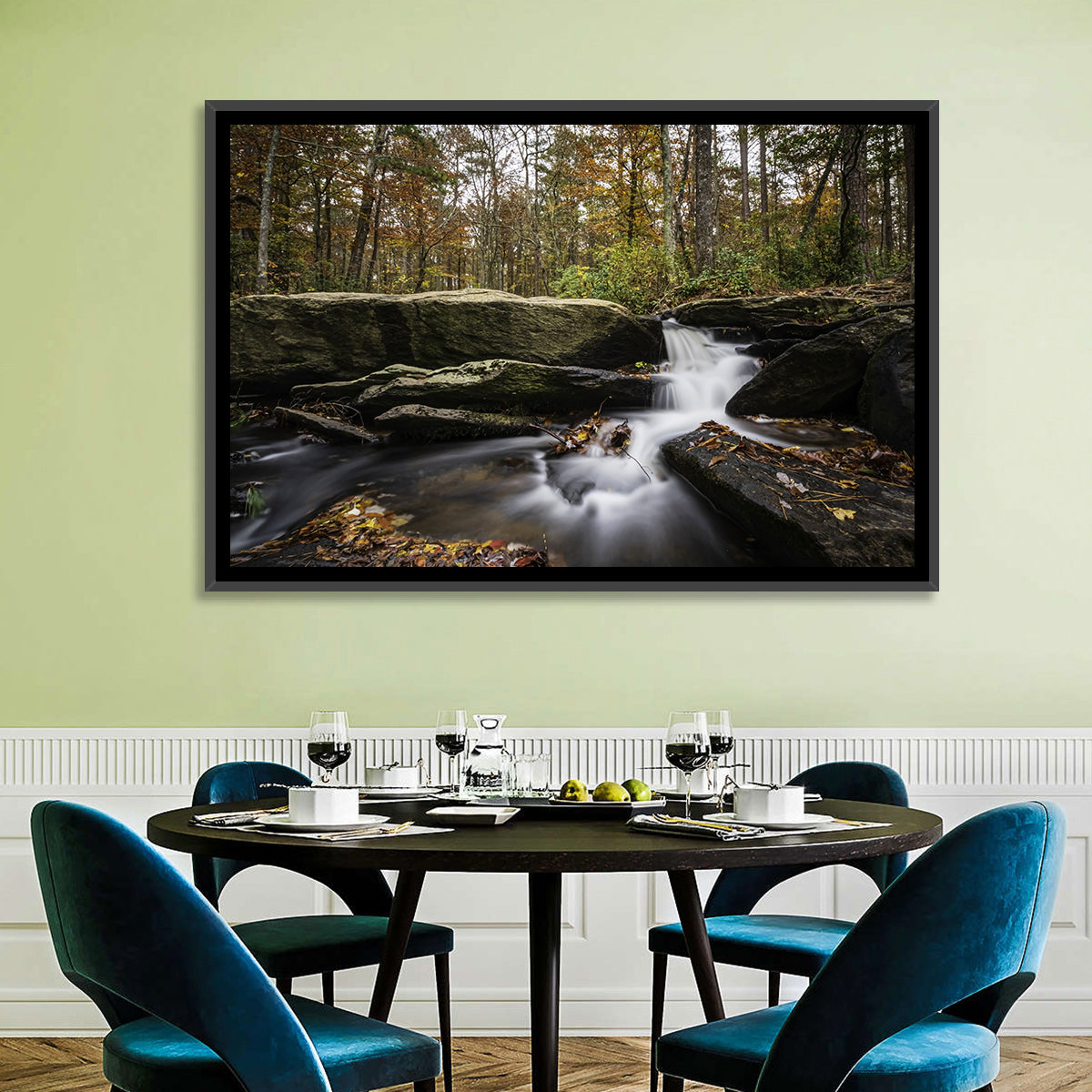 Cheaha Falls Autumn Waterfall Wall Art in a room, landscape