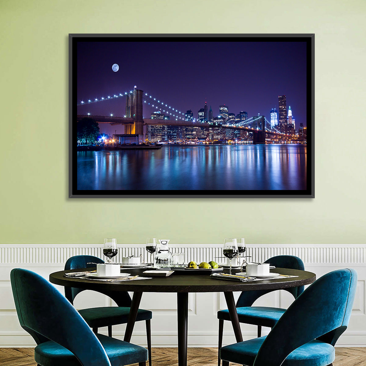 Brooklyn Bridge Moonlit Reflections Wall Art in a room, landscape
