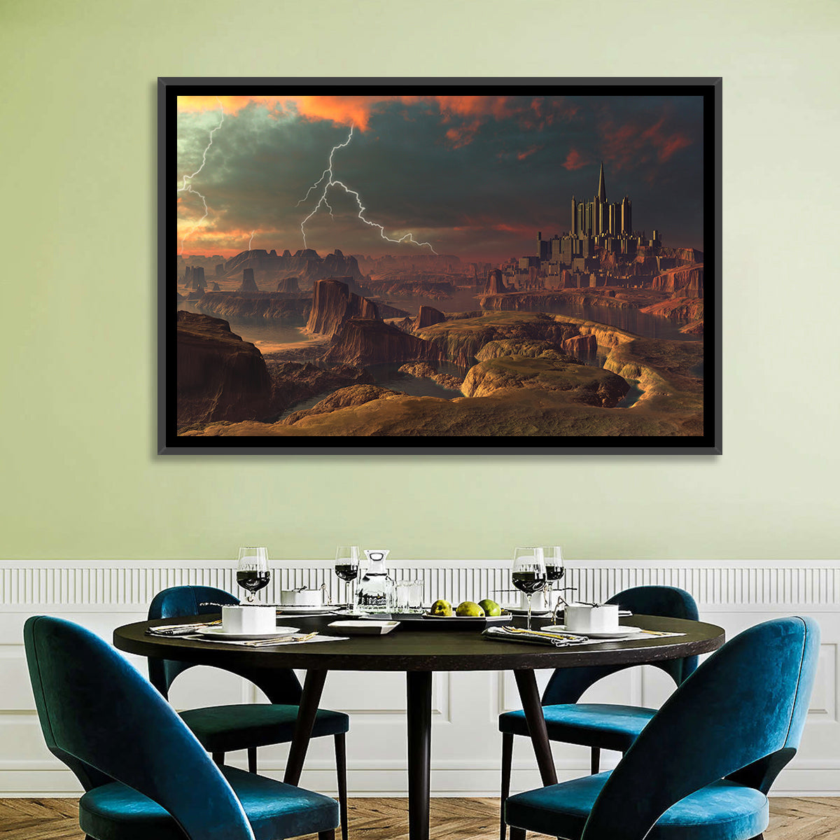 Dusk Storm Over Alien Fortress Wall Art in a room, landscape