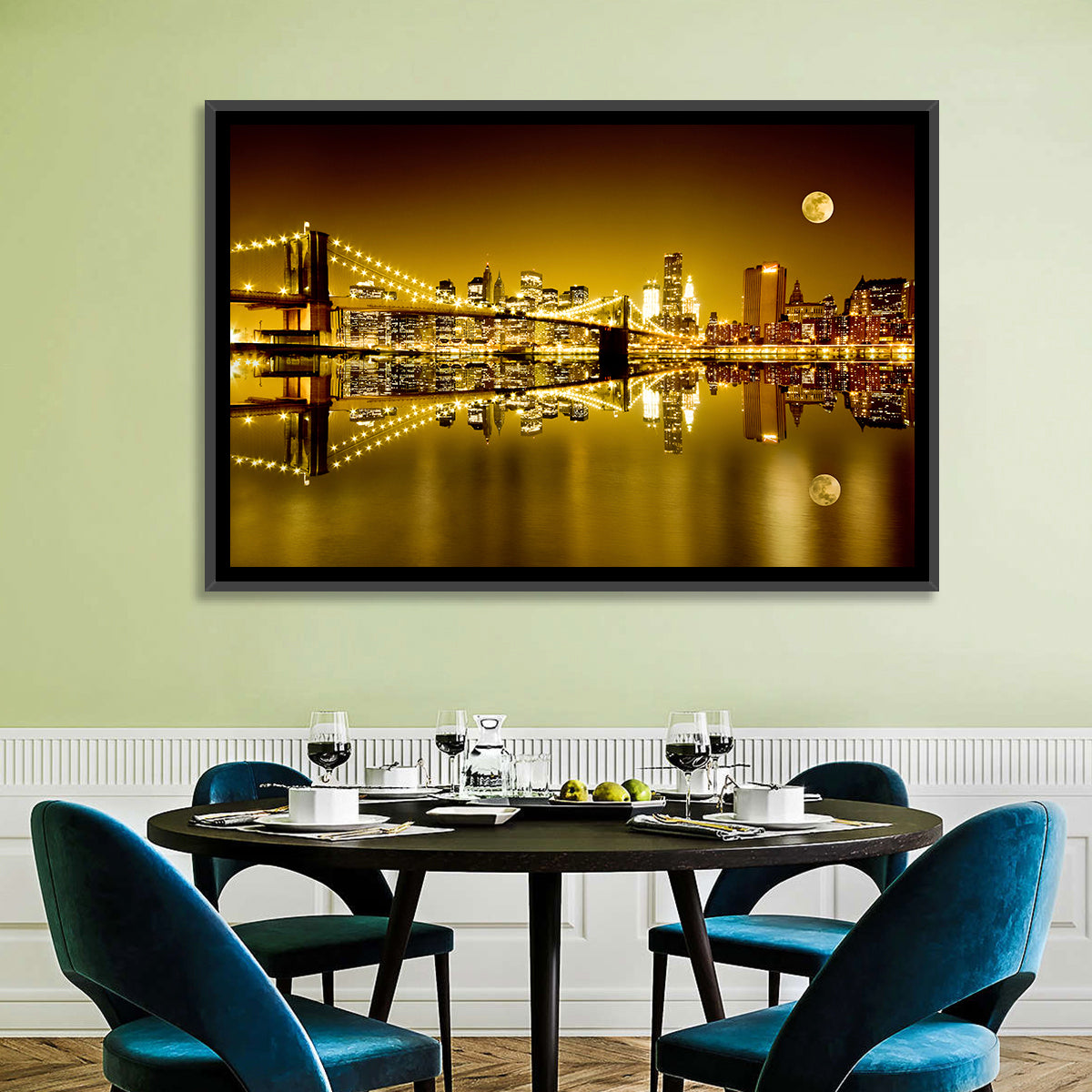 Brooklyn Bridge Moonlit Reflection Wall Art in a room, landscape