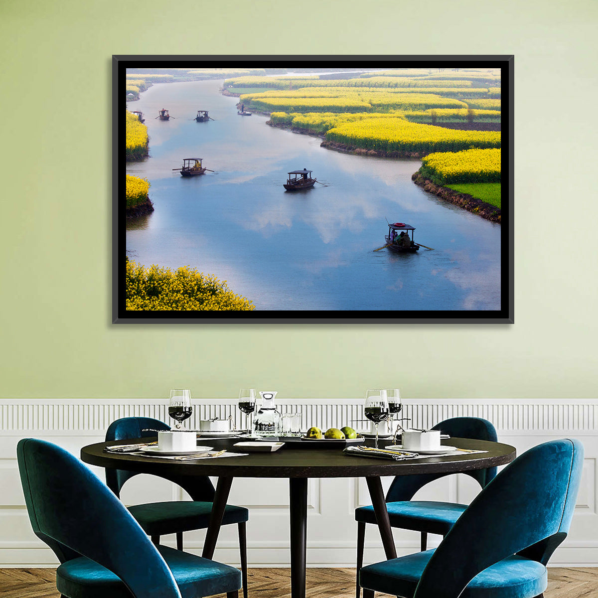 Spring River Rowboats in Rapeseed Fields Wall Art in a room, landscape