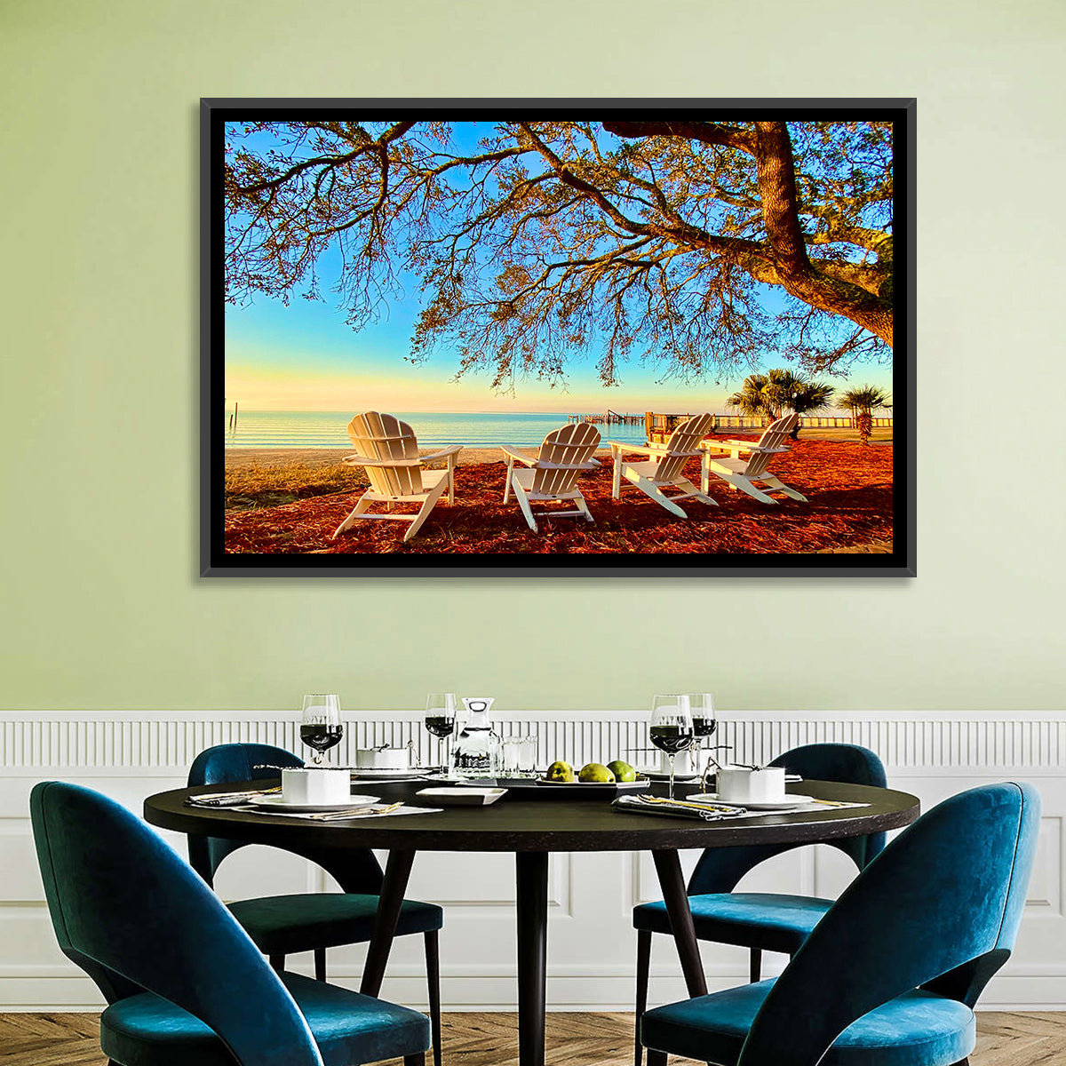 Mobile Bay Adirondack Chairs at Sunrise Wall Art in a room, landscape