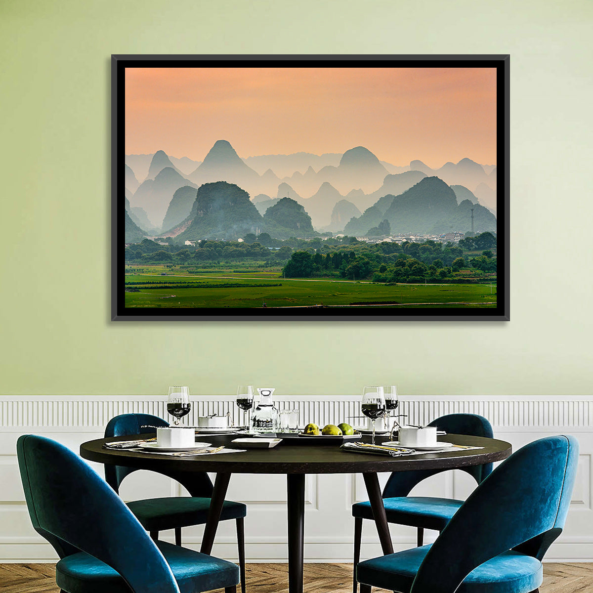 Misty Karst Mountains Wall Art in a room, landscape