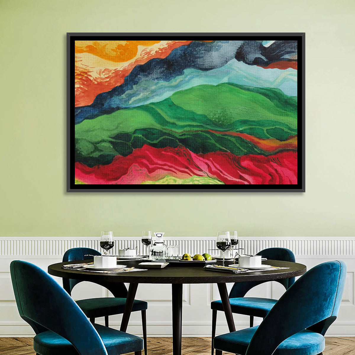 River Through Abstract Mountains Wall Art in a room, landscape