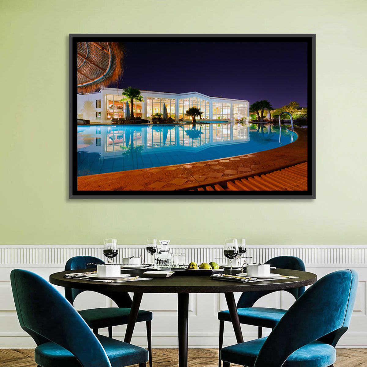Moonlit Resort Pool Reflection Wall Art in a room, landscape