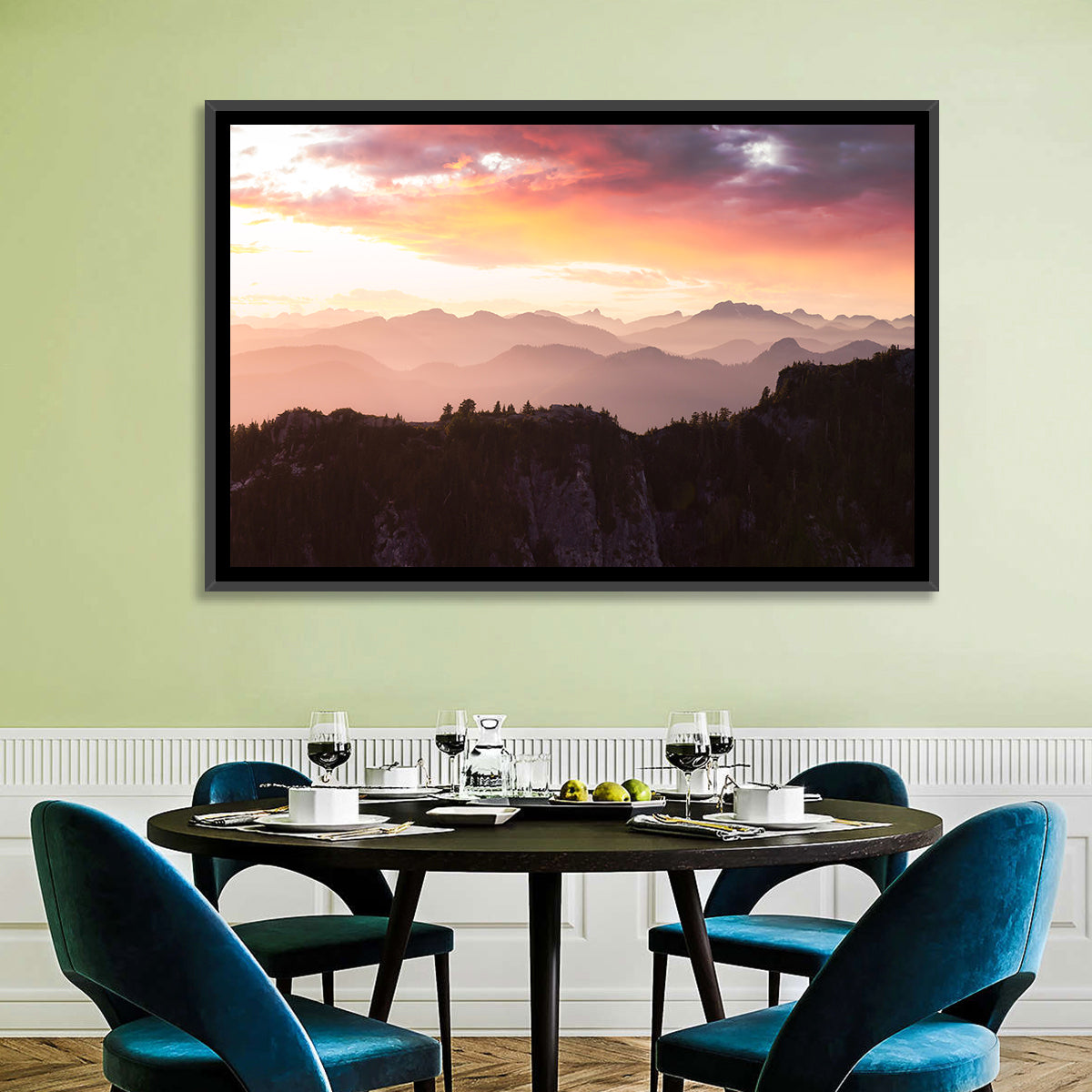 Vancouver Mountains at Sunset Wall Art in a room, landscape