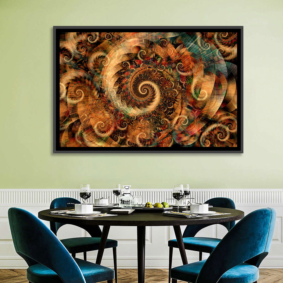 Golden Spiral Fractal Wall Art in a room, landscape