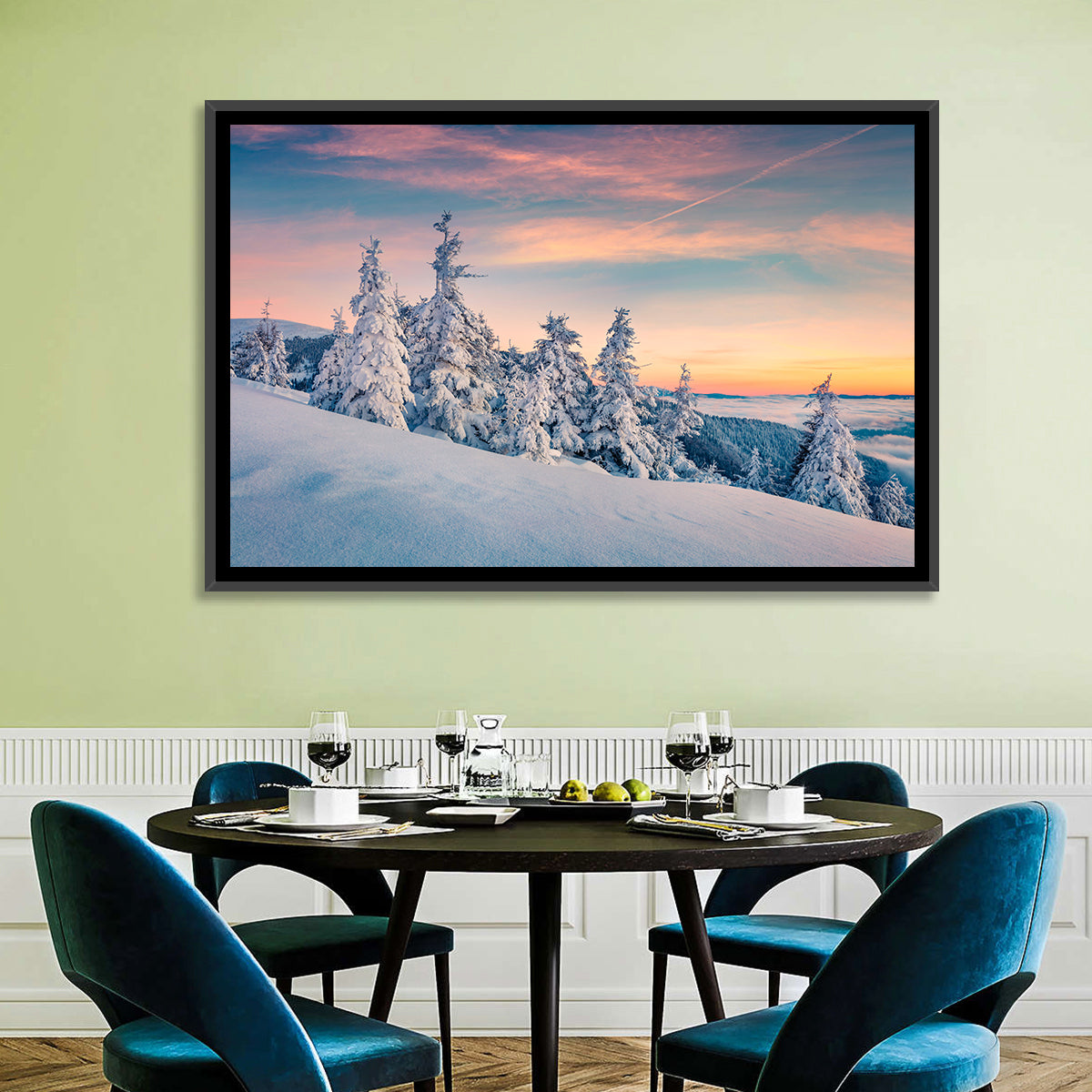 Snowy Carpathian Sunset Wall Art in a room, landscape