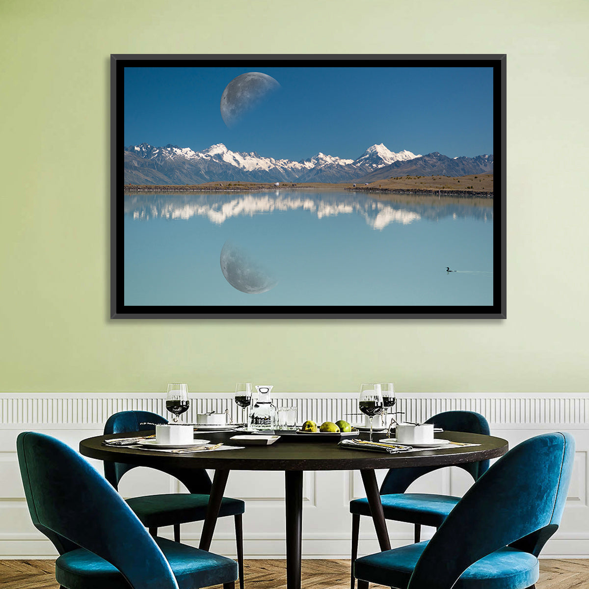 Moon Over Mt Cook and Lake Pukaki Wall Art in a room, landscape