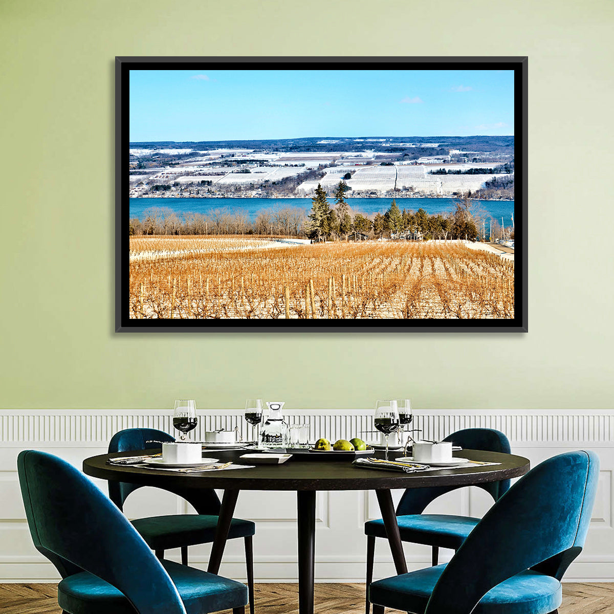 Seneca Lake Vineyard Wall Art in a room, landscape
