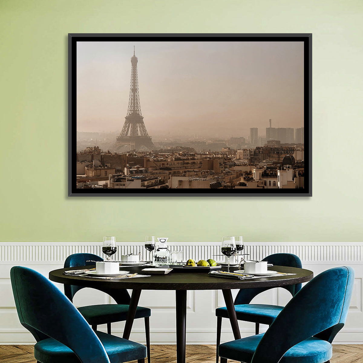 Eiffel Tower Over Paris Rooftops Wall Art in a room, landscape