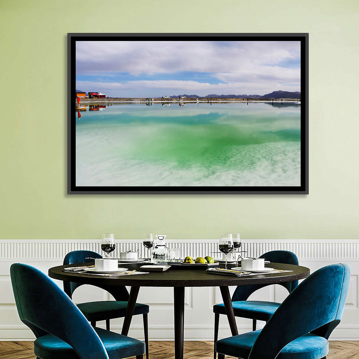 Emerald Salt Lake Wall Art in a room, landscape