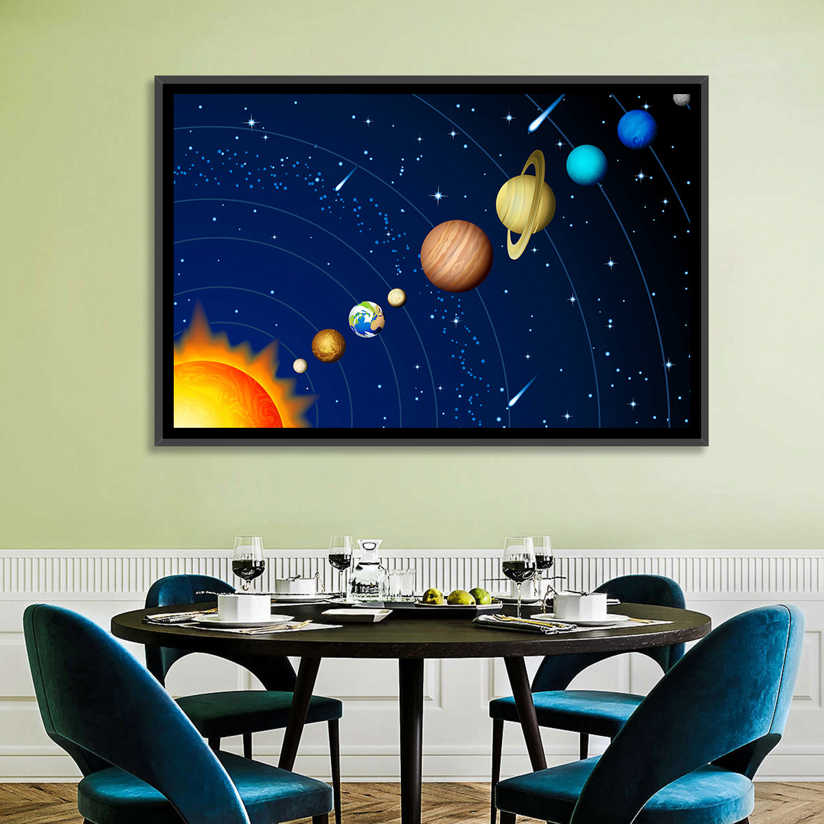 Diagonal Solar System Illustration Wall Art in a room, landscape