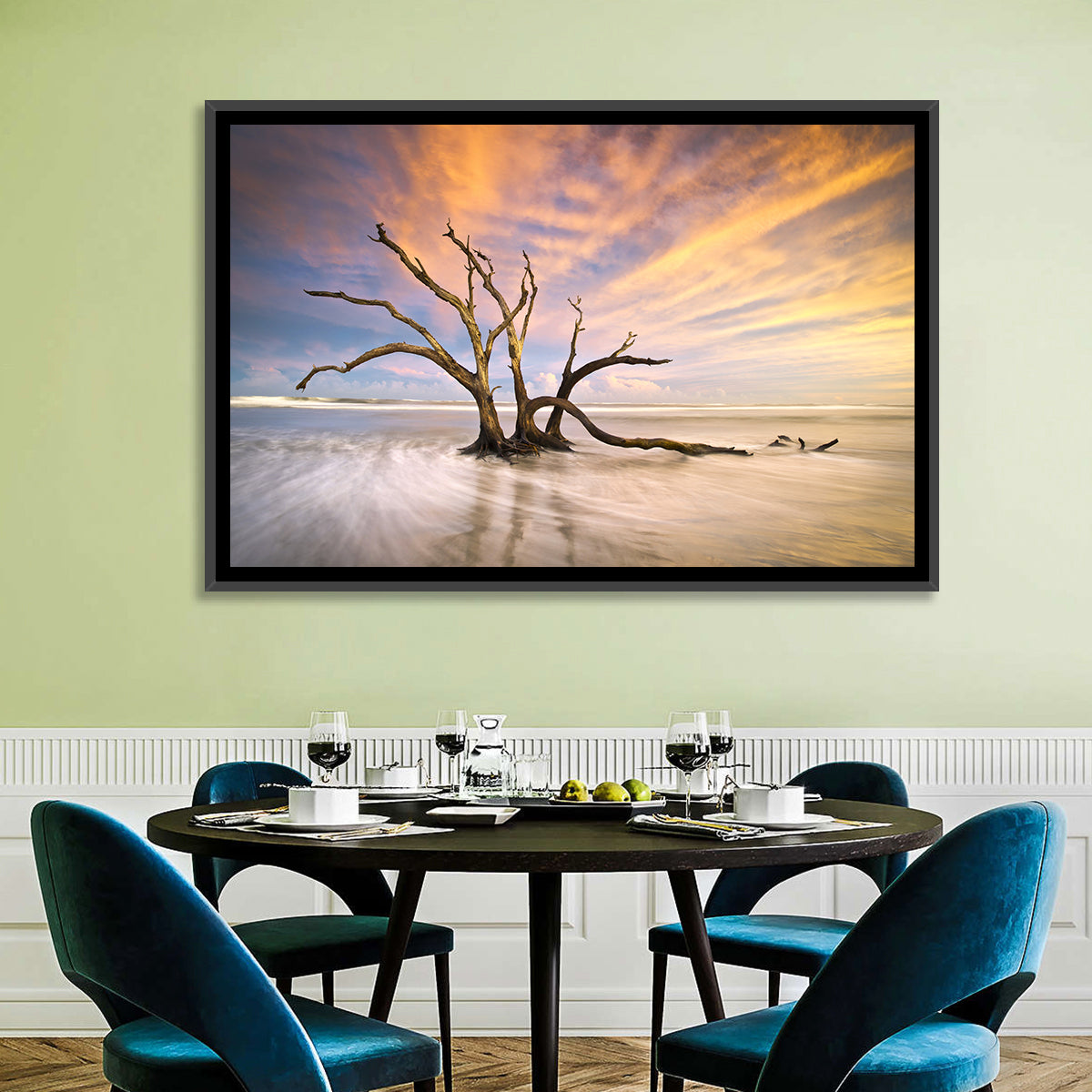 Folly Beach Driftwood Sunset Wall Art in a room, landscape