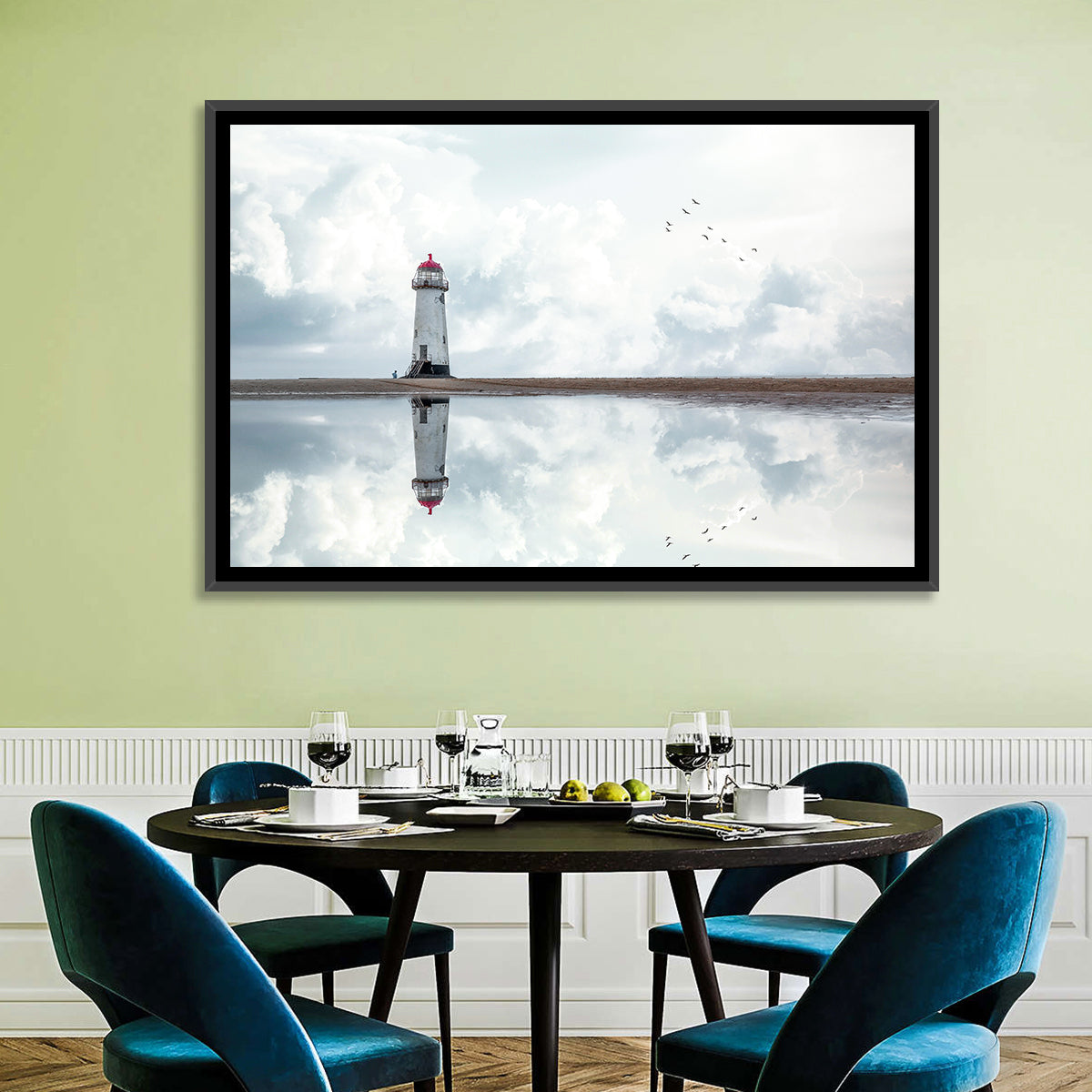 Wales Seashore Lighthouse Wall Art in a room, landscape