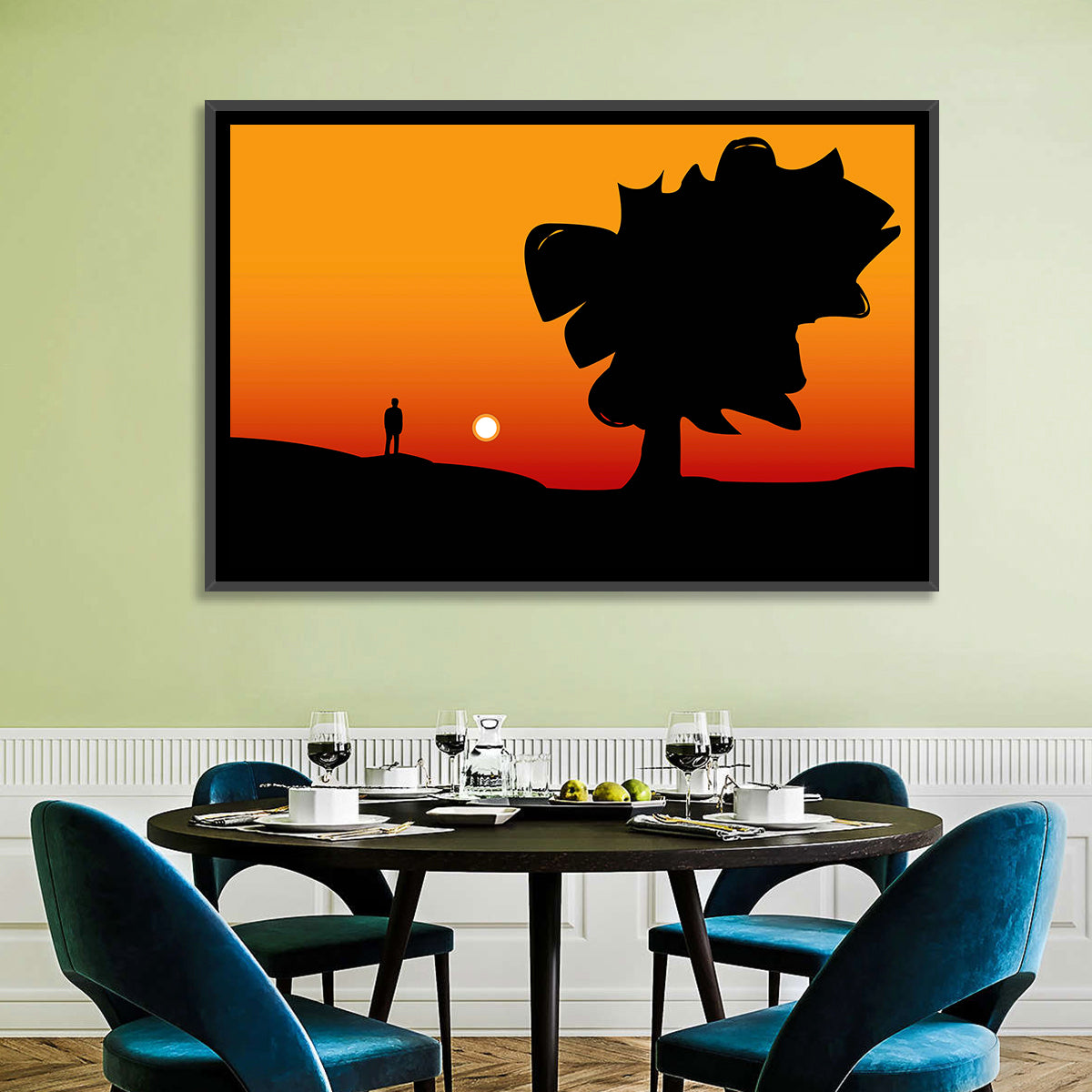 Solitary Sunset Silhouette Wall Art in a room, landscape