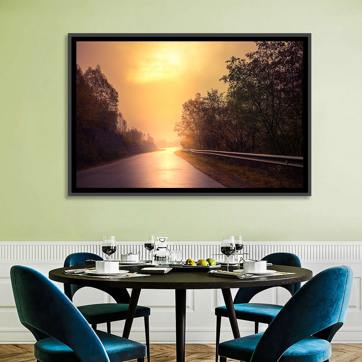 Windy Misty Forest Road Wall Art in a room, landscape