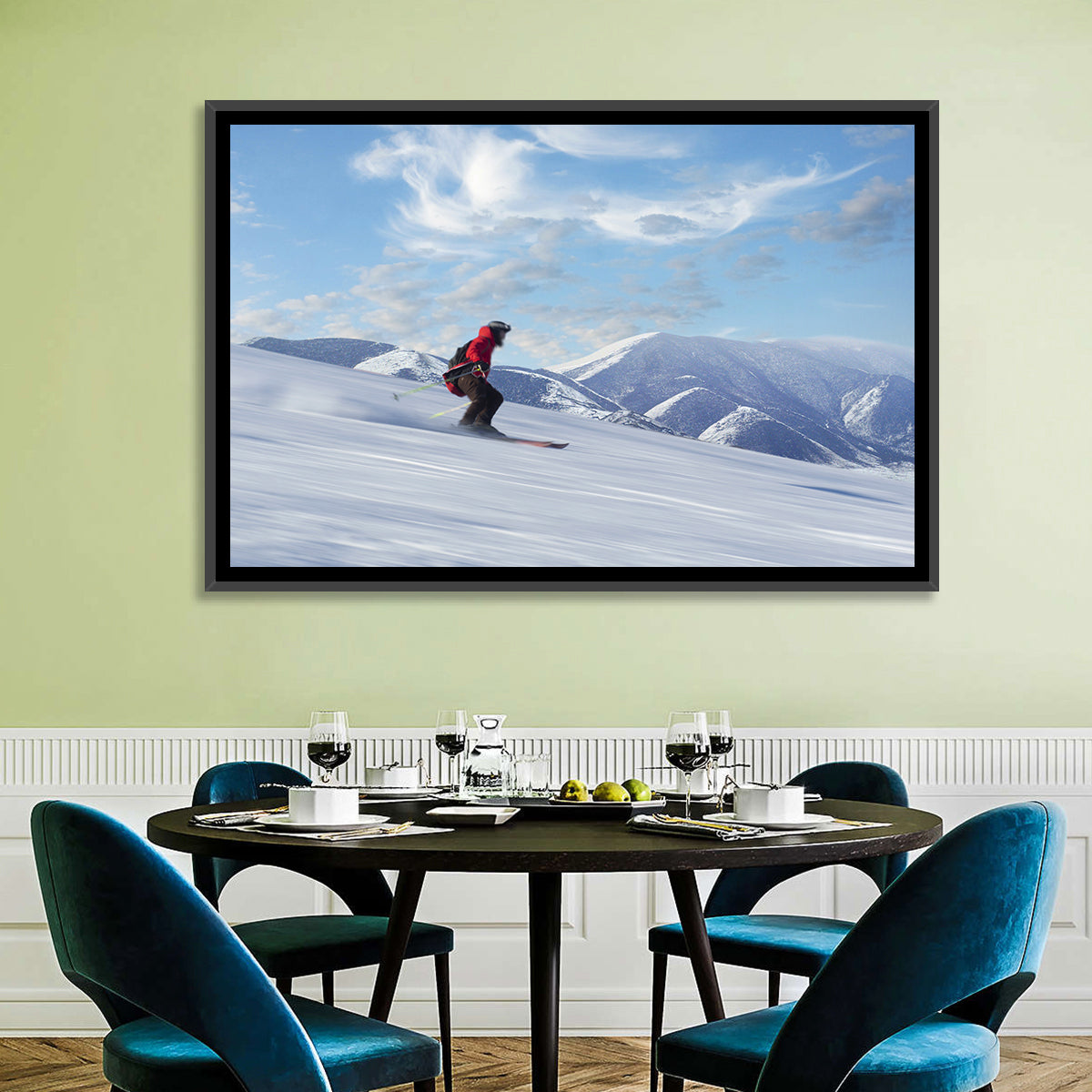 Skier on Snowy Mountain Slope Wall Art in a room, landscape
