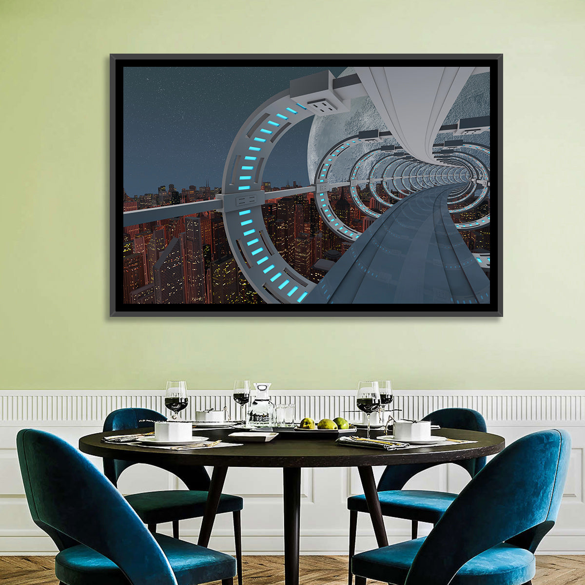 Futuristic City Tunnel with Moon Wall Art in a room, landscape