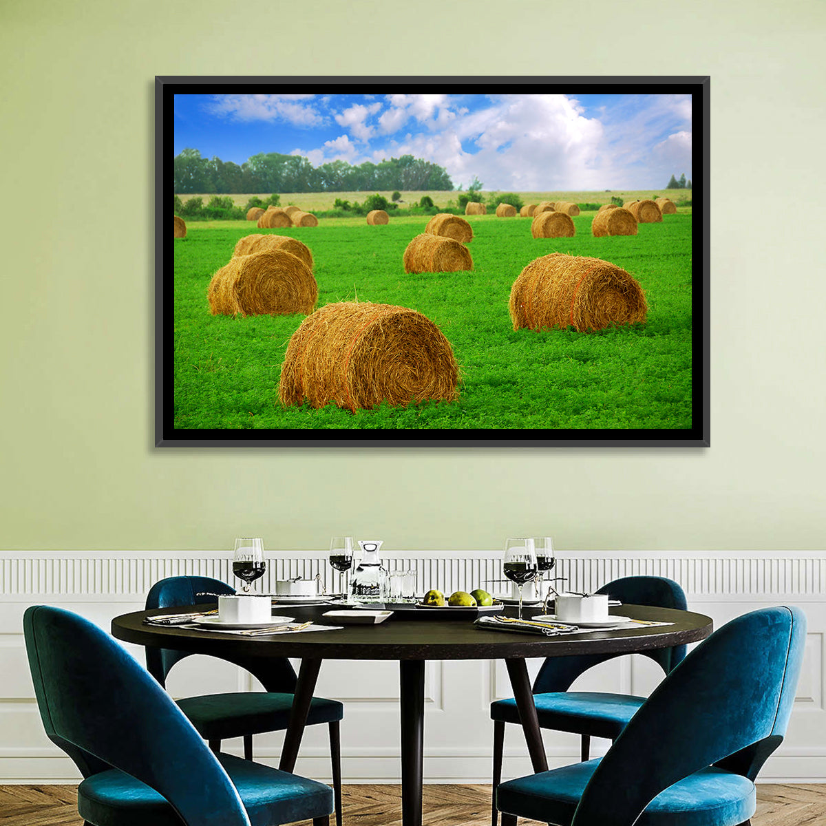 Golden Hay Bales in Green Field Wall Art