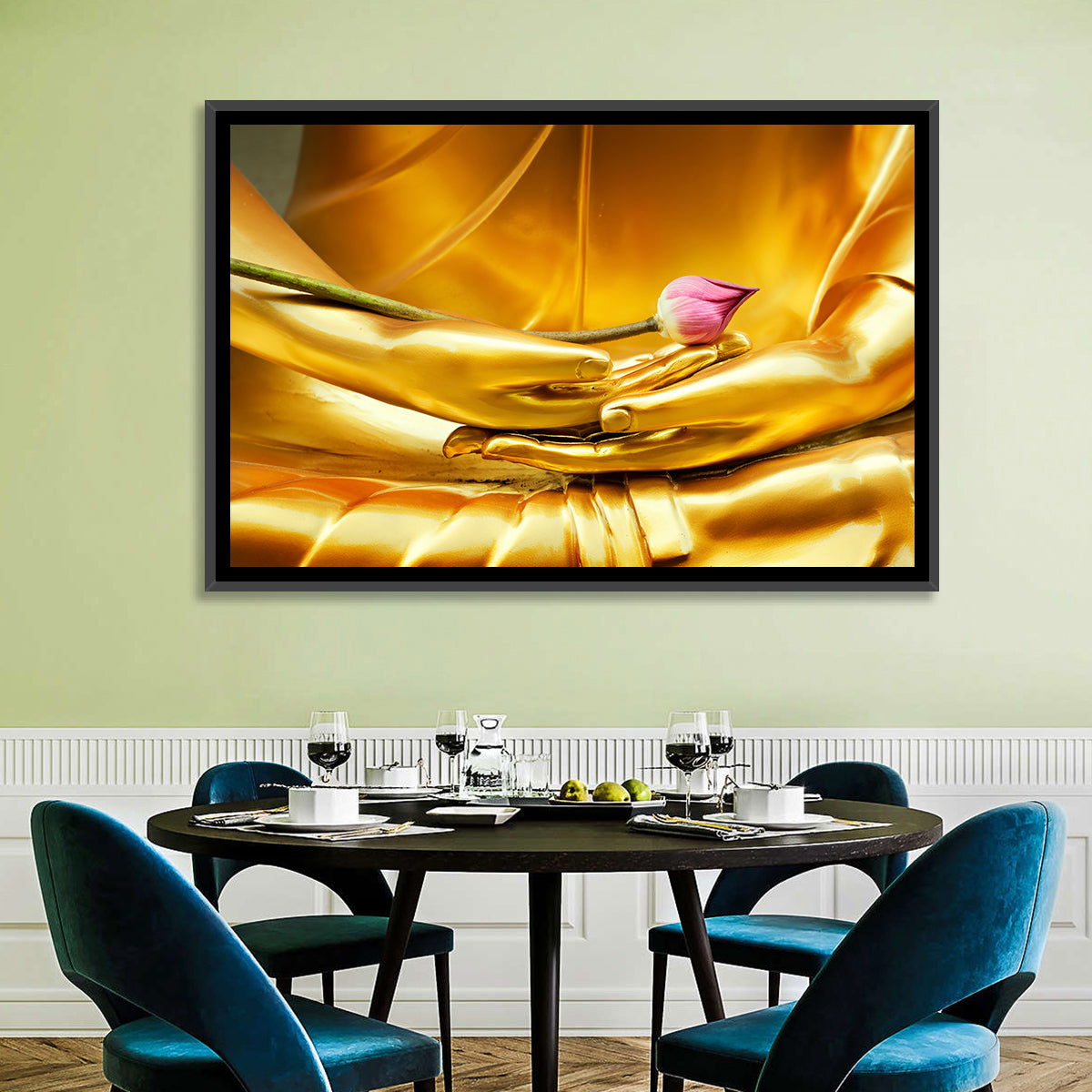 Buddha Hands with Lotus Wall Art in a room, landscape