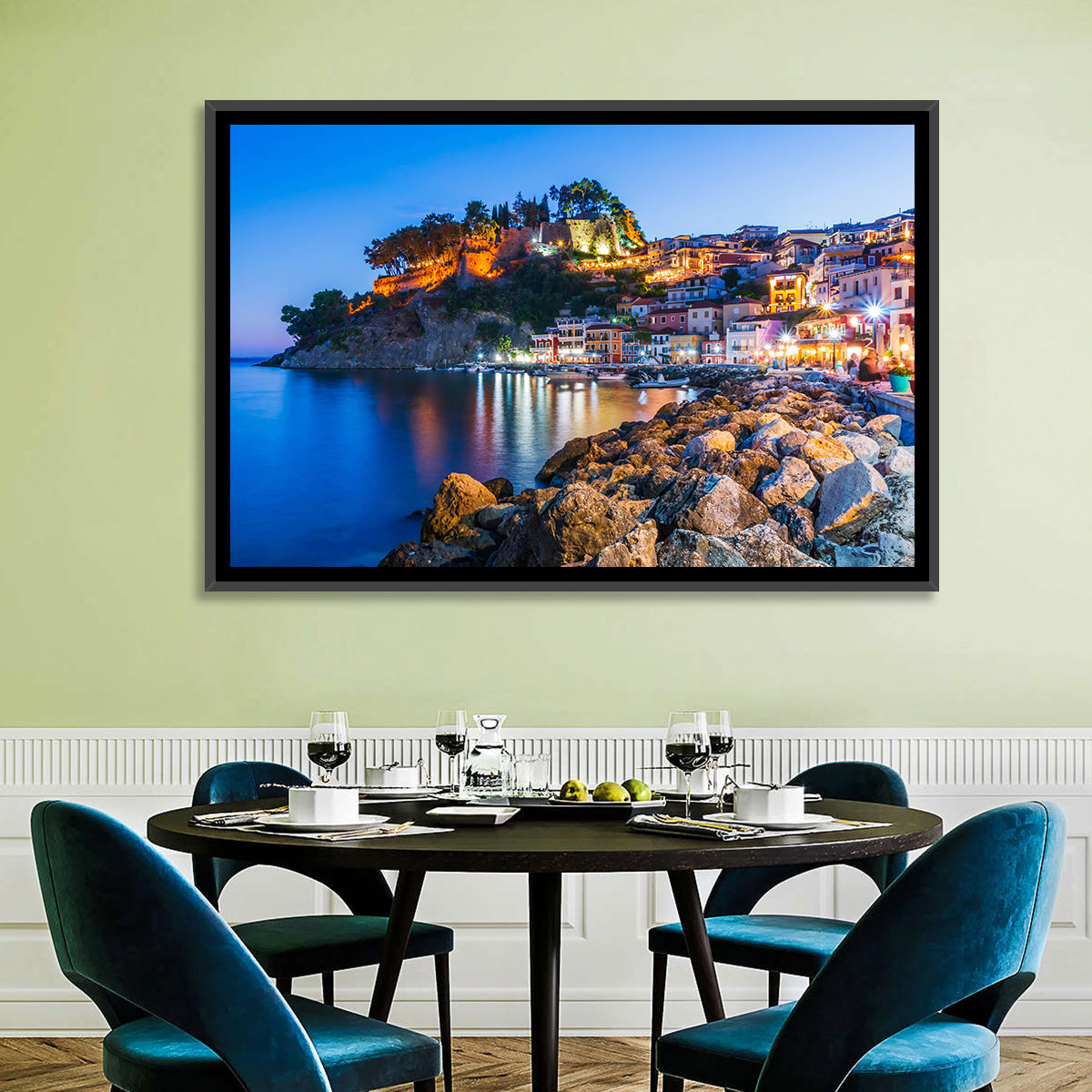 Parga Harbor at Dusk Wall Art in a room, landscape