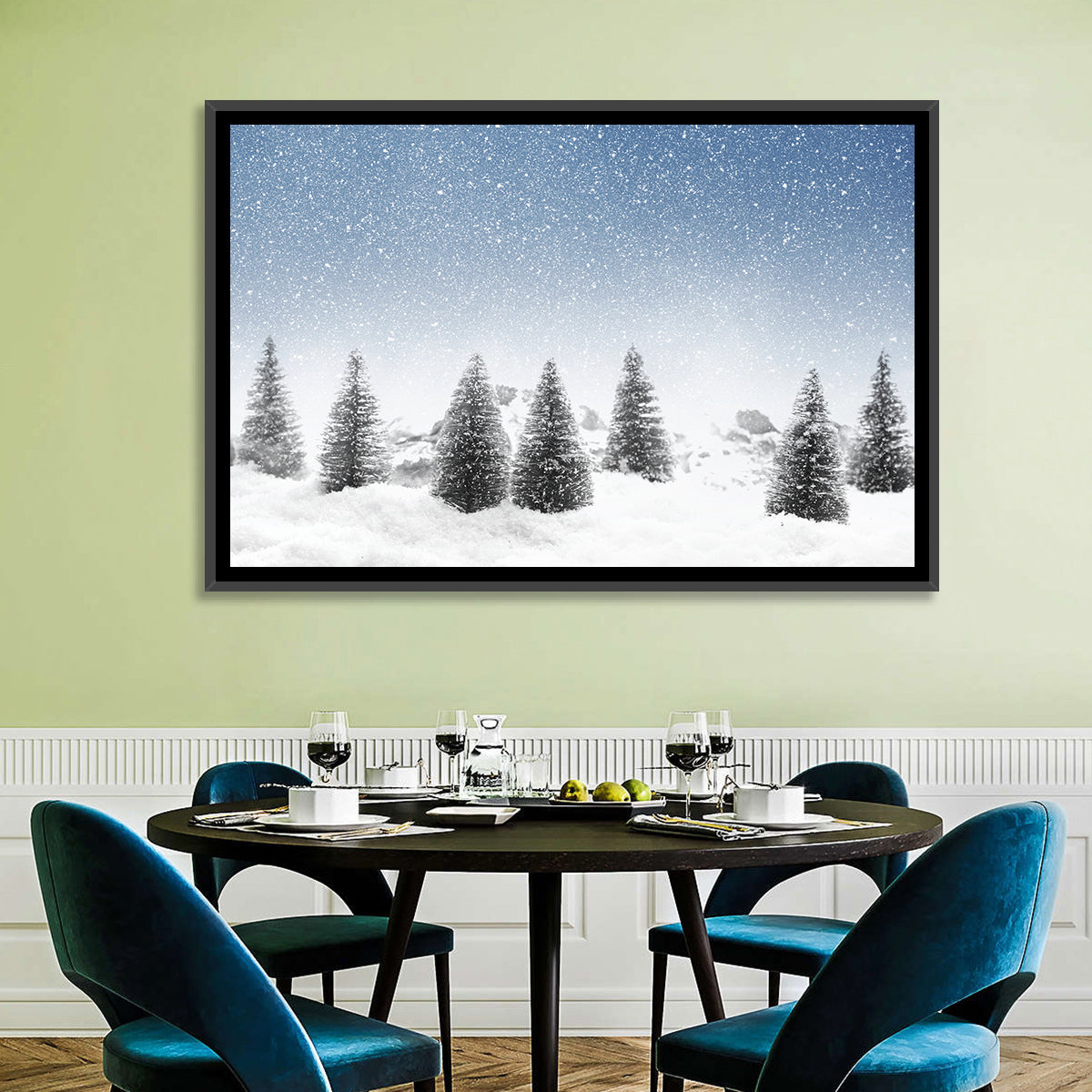 Winter Pine Trees Landscape Wall Art in a room, landscape