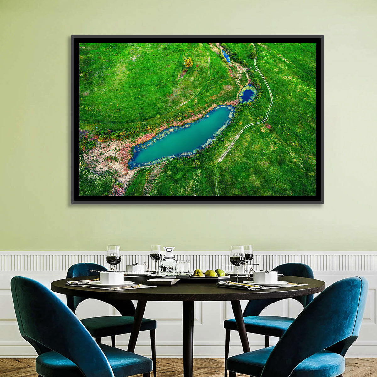 Meadows Lake Aerial Wall Art in a room, landscape