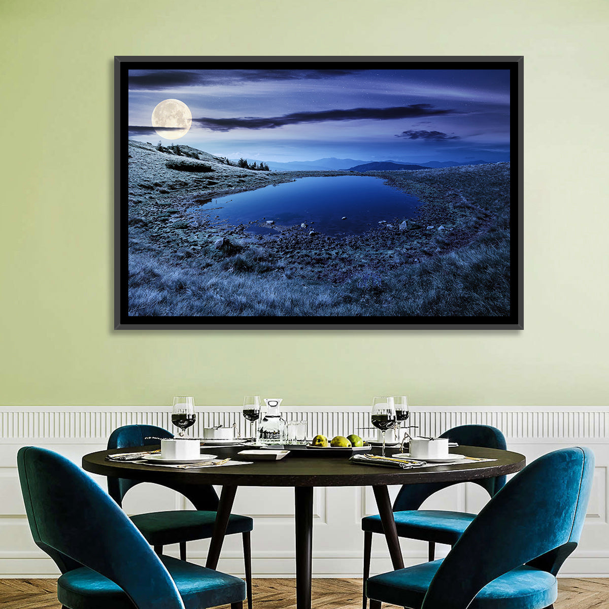 Mountain Lake at Night Wall Art in a room, landscape