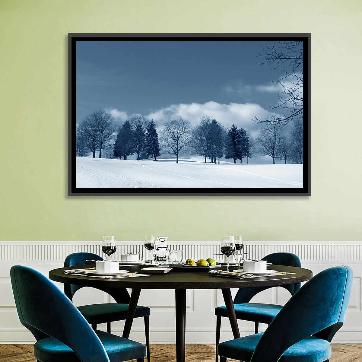 Snowy Field with Tracks Wall Art in a room, landscape